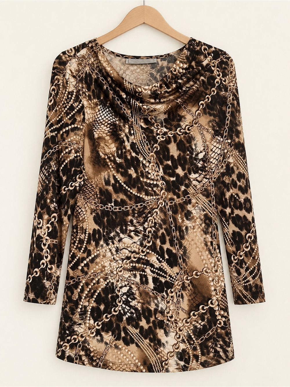 Brown Cowl Neck Status Print Tunic Luxe Animal Print Chain Top Blouse EUC M 2430